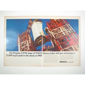 Vintage 1966 Douglas S-IVB Stage NASA Saturn Rocket 2 Page Print Ad Moon Space